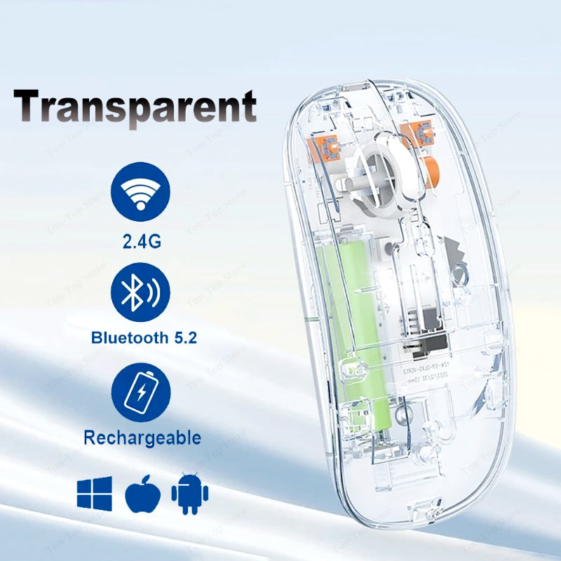 Transparent Dual-Mode Wireless Bluetooth 5.2 Mouse Rechargeable Silent Click Mouse with 3-Level DPI, Type-C Charging and Battery Display for Laptop, MacBook, PC