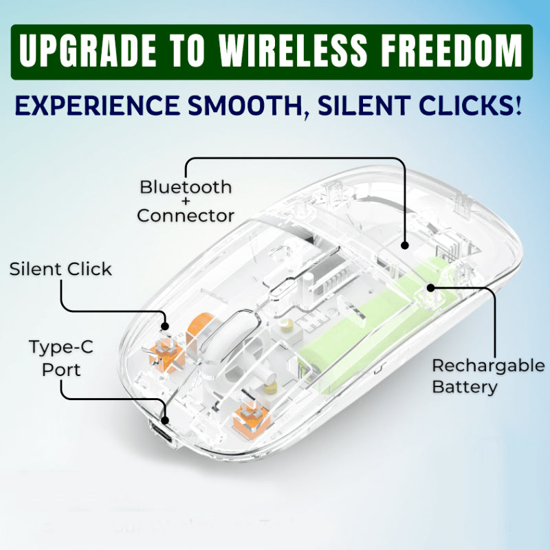 Transparent Dual-Mode Wireless Bluetooth 5.2 Mouse Rechargeable Silent Click Mouse with 3-Level DPI, Type-C Charging and Battery Display for Laptop, MacBook, PC