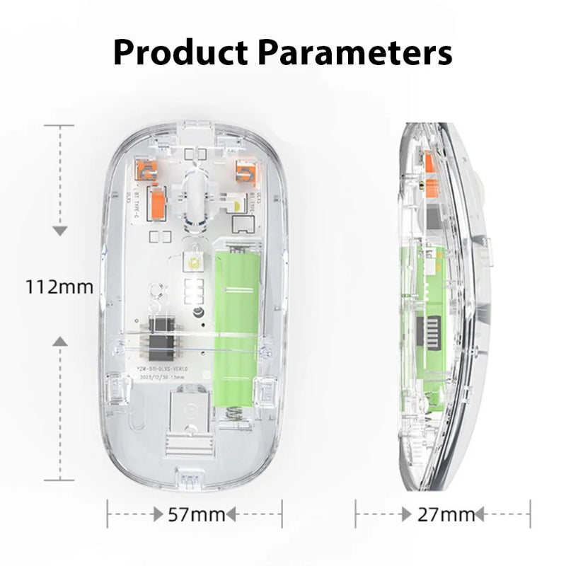 Transparent Dual-Mode Wireless Bluetooth 5.2 Mouse Rechargeable Silent Click Mouse with 3-Level DPI, Type-C Charging and Battery Display for Laptop, MacBook, PC